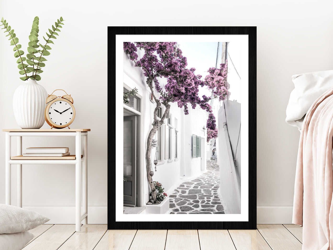 Flower Tree near House Faded Photograph Glass Framed Wall Art, Ready to Hang Quality Print With White Border Black