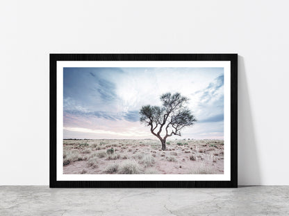 Dead Tree on Landscape & Cloudy Sky Photograph Glass Framed Wall Art, Ready to Hang Quality Print With White Border Black