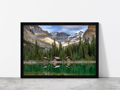 Lake With Mountain Peaks & Cabins Glass Framed Wall Art, Ready to Hang Quality Print Without White Border Black