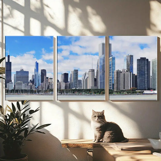 3pcs Chicago City Skyline Blue Sky with Clouds Metal Print Ready to Hang Art