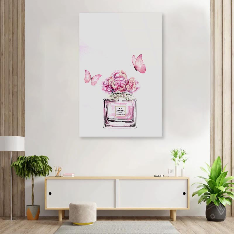 Pink Floral Perfume with Butterflies 3D Design Acrylic Glass Print Tempered Glass Wall Art 100% Made in Australia Ready to Hang