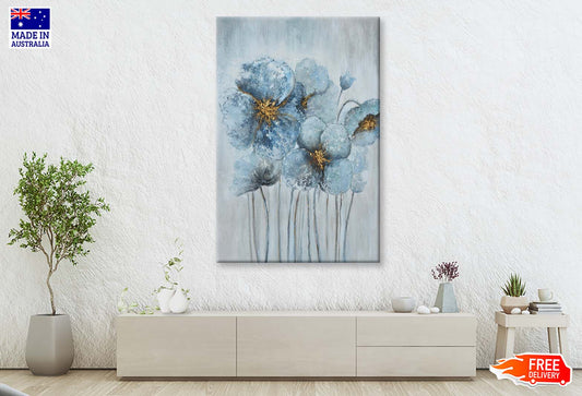 Light Blue Flowers, Gold Blooming Wall Art Limited Edition High Quality Print