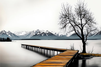 Black And White Wooden Pier Tree Lake Wall Art Decor 100% Australian Made