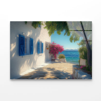 White Building with Blue Shutters, Trees Acrylic Glass Print Tempered Glass Wall Art 100% Made in Australia Ready to Hang