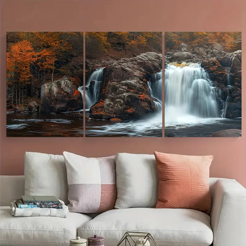 3pcs Waterfalls & Autumn Forest Scene Metal Print Ready to Hang Art