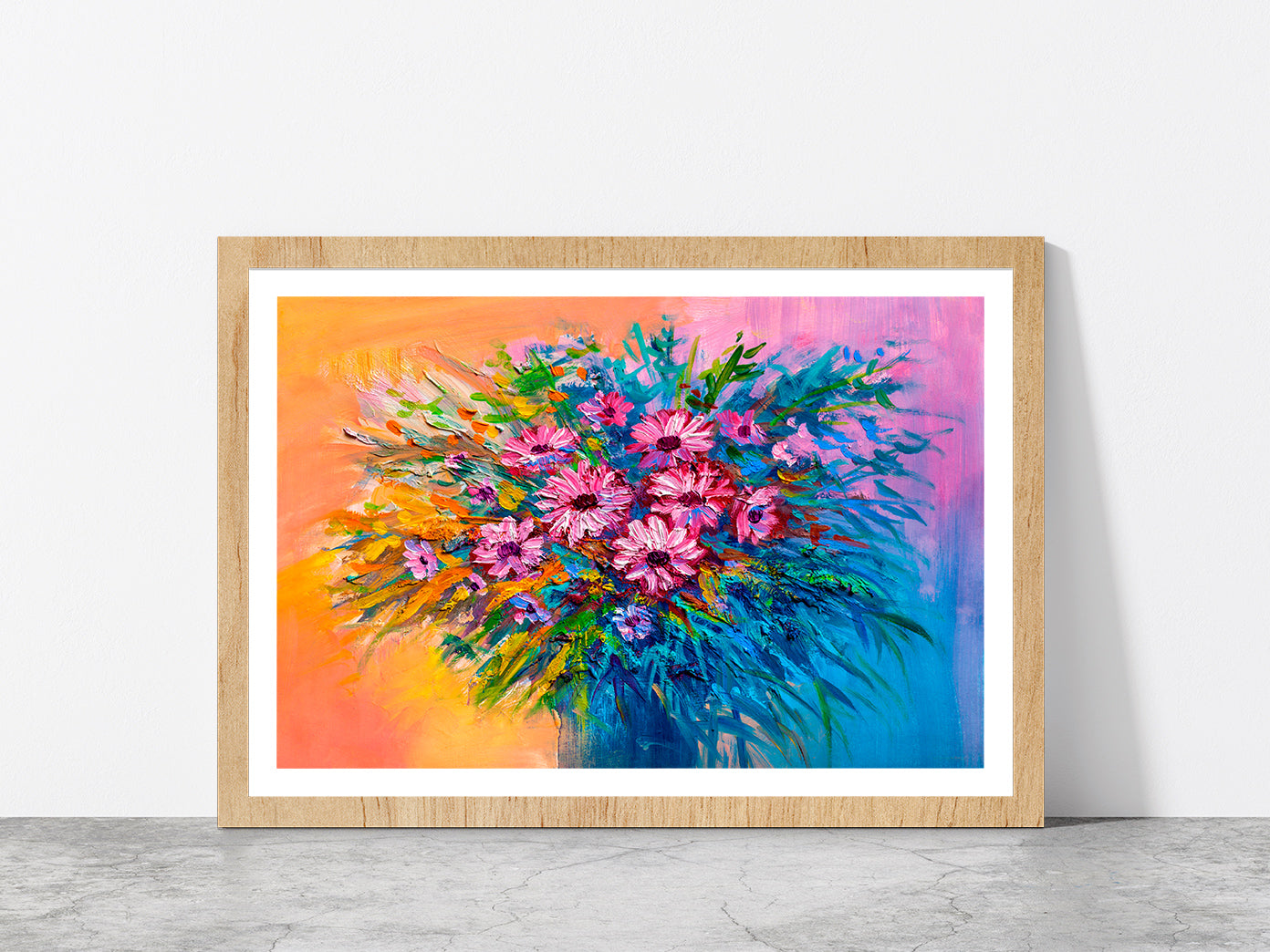 Colorful Bouquet Of Flowers Glass Framed Wall Art, Ready to Hang Quality Print With White Border Oak