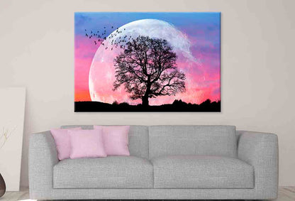 Lone Tree Birds Full Moon Sunset  Wall Art Decor 100% Australian Made