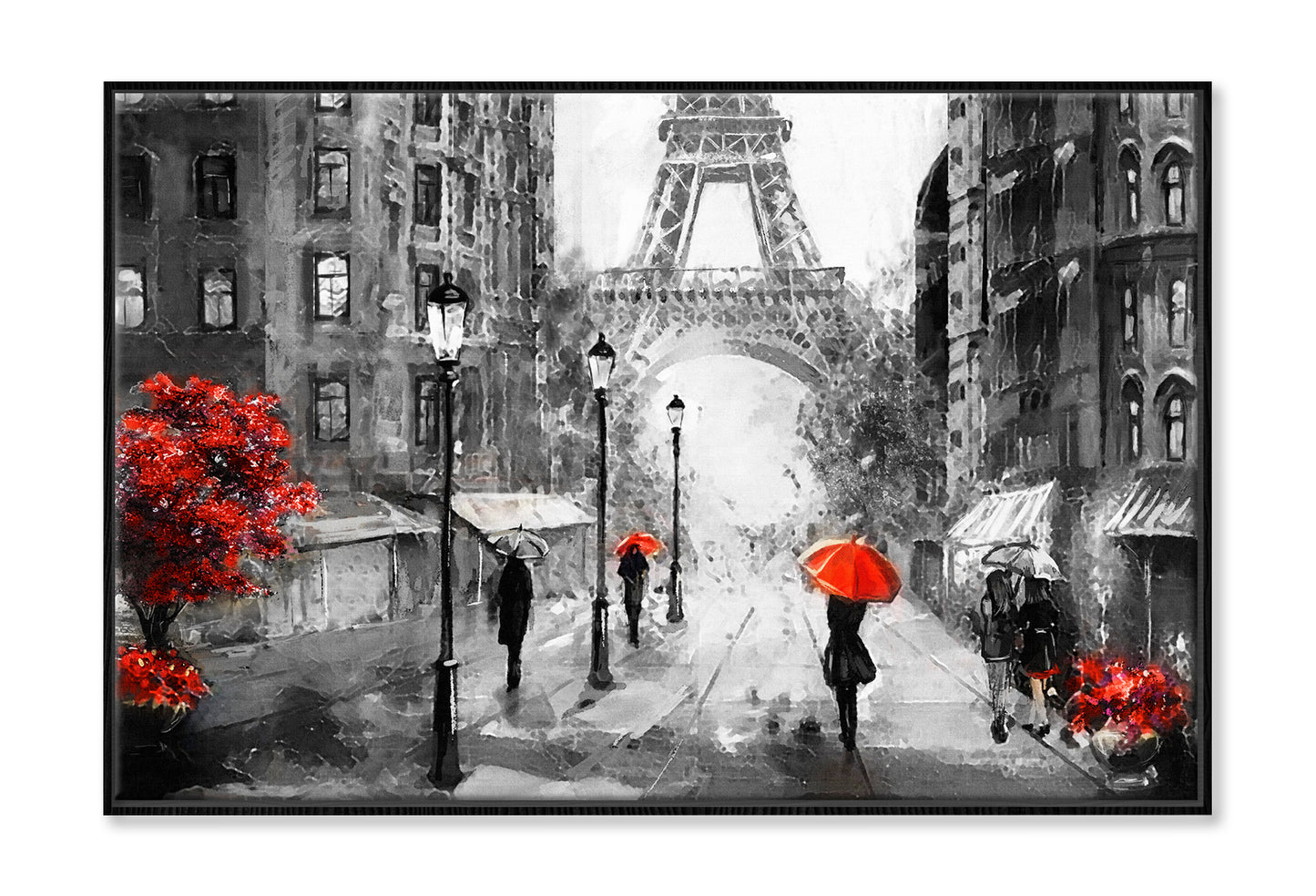 People Under Red Umbrella & Tree near Eiffel Tower B&W Painting Wall Art Limited Edition High Quality Print Canvas Box Framed Black