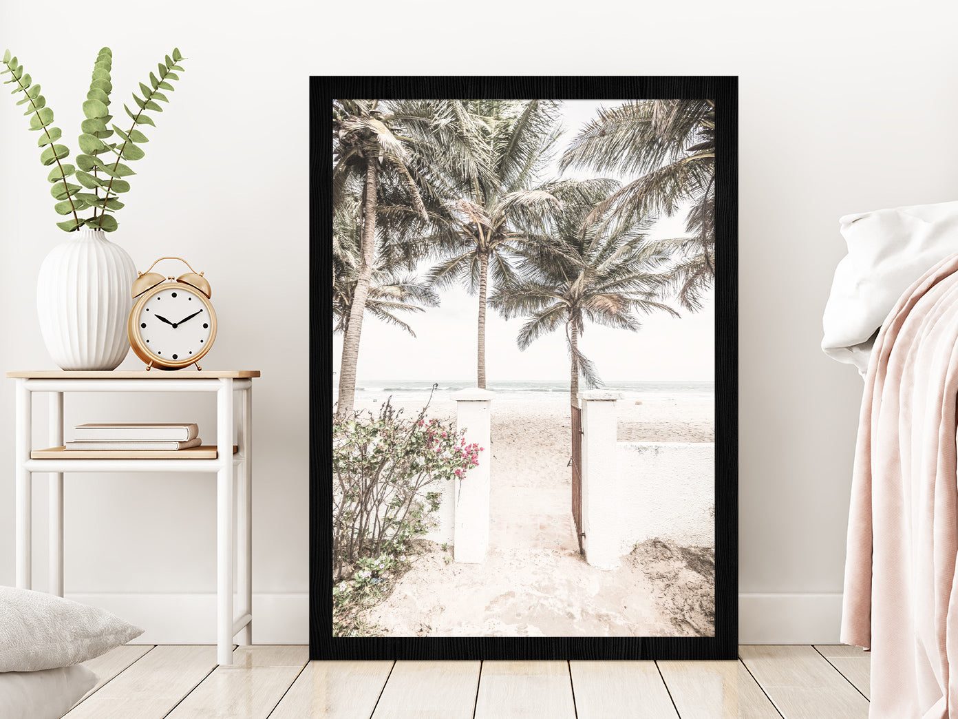 Palm Trees near Gambia Beach Photograph Glass Framed Wall Art, Ready to Hang Quality Print Without White Border Black