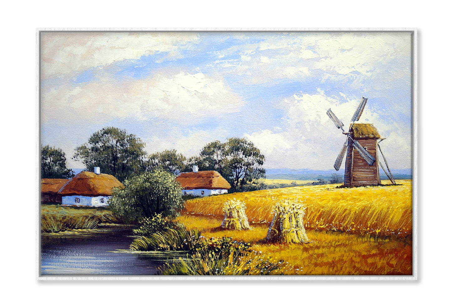 Mill Wheat Field & Village Houses Oil Painting Wall Art Limited Edition High Quality Print Canvas Box Framed White