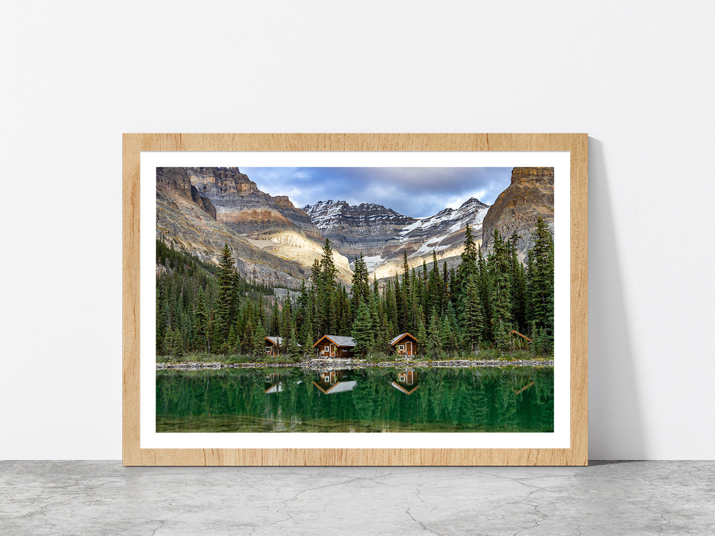 Lake With Mountain Peaks & Cabins Glass Framed Wall Art, Ready to Hang Quality Print With White Border Oak