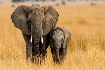 An Elephant and Its Calf Standing In a Grassland Home Decor Premium Quality Poster Print Choose Your Sizes