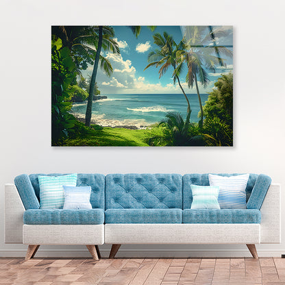 Tropical Beach with Palm Trees under Sky Acrylic Glass Print Tempered Glass Wall Art 100% Made in Australia Ready to Hang