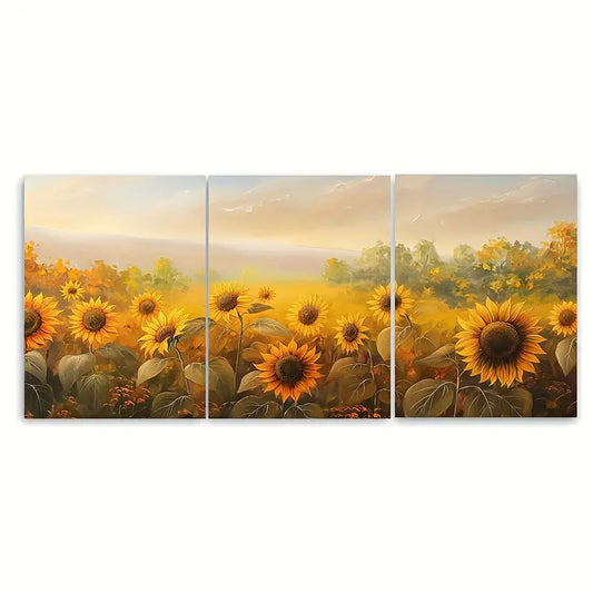 3pcs Sunflower Field with Autumn Trees Metal Print Ready to Hang Art