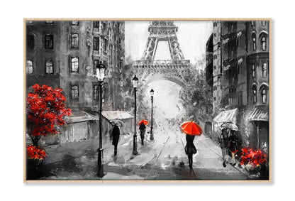 People Under Red Umbrella & Tree near Eiffel Tower B&W Painting Wall Art Limited Edition High Quality Print Canvas Box Framed Natural