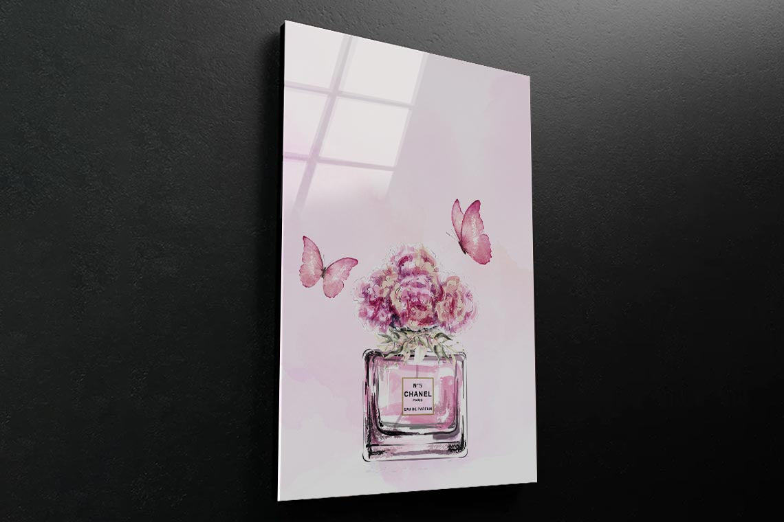 Pink Floral Perfume with Butterflies 3D Design Acrylic Glass Print Tempered Glass Wall Art 100% Made in Australia Ready to Hang