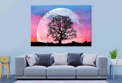 Lone Tree Birds Full Moon Sunset  Wall Art Decor 100% Australian Made