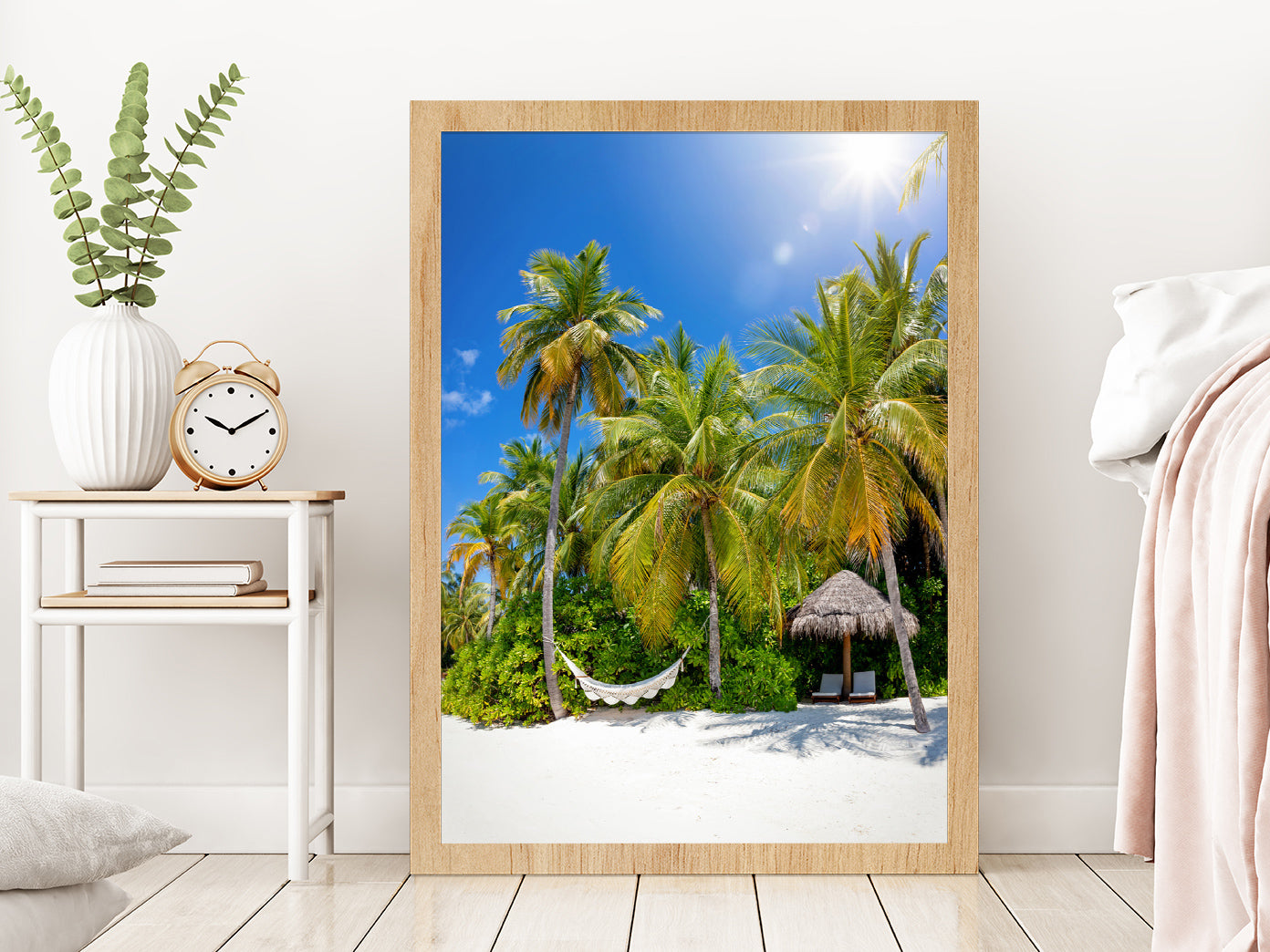 Hammock on Palm Trees & Hut Paradise Beach Glass Framed Wall Art, Ready to Hang Quality Print Without White Border Oak