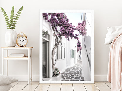 Flower Tree near House Faded Photograph Glass Framed Wall Art, Ready to Hang Quality Print Without White Border White