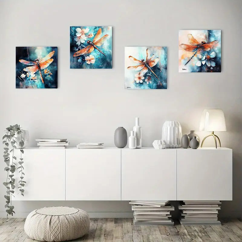 4pcs Dragonfly flowers Humid Environmen Wall Art Canvas Framed