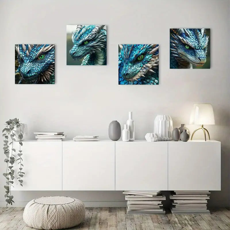 4pcs  Vibrant Blue Scales & Green Eyes Wall Art Canvas Framed