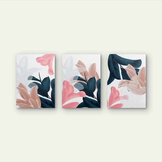 3pcs Pink Teal Botanical Leaves Abstract Trio Wall Art Set Canvas Framed 50x70cm - High Quality Print 100% Australian Made Wall Canvas Ready to Hang