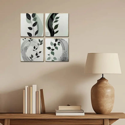 4pcs Summer Decor With Green Leaves Wall Art Canvas Framed