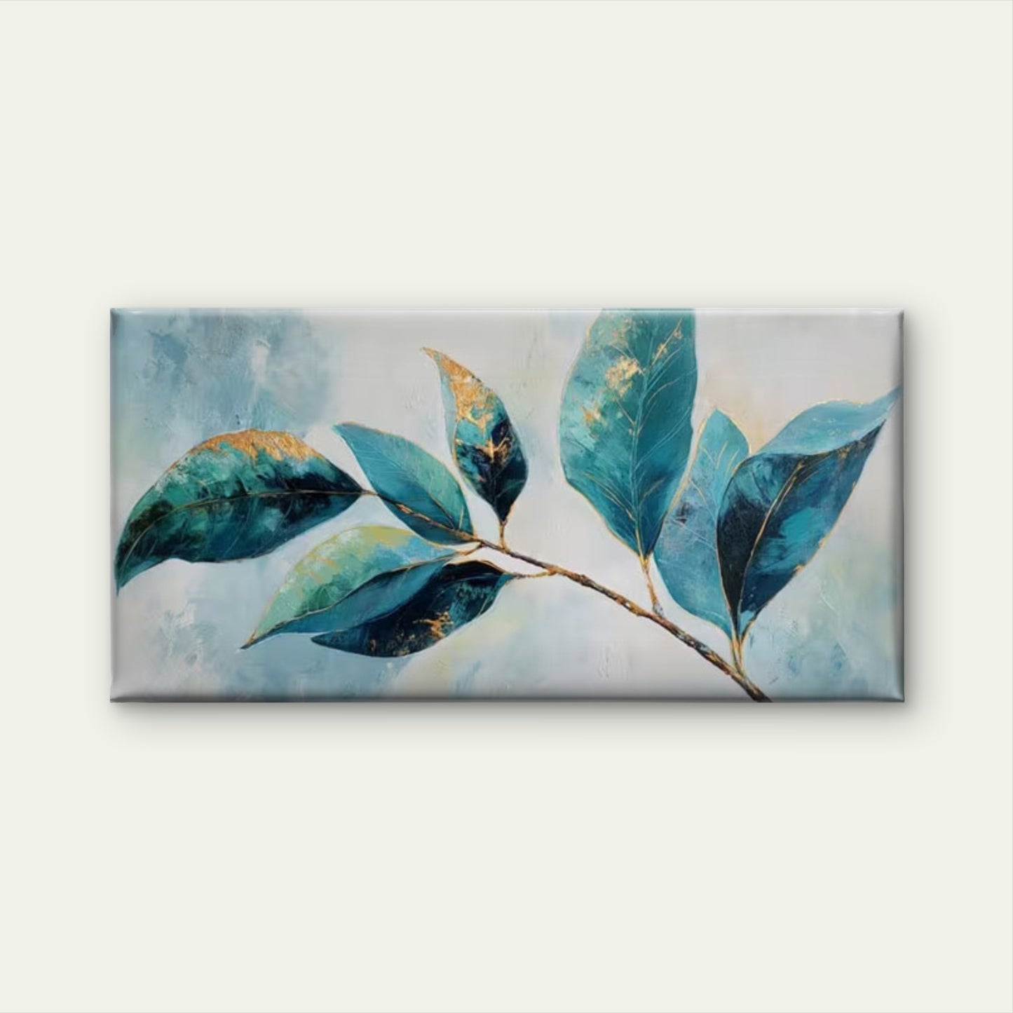 Teal Green Leaf Design Wall Art Canvas Office Home Room Framed 120x60cm