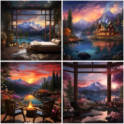 4pcs Acrylic Landscape With Bed Room Wall Art Canvas Framed