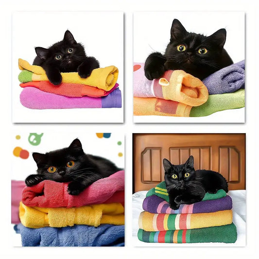 4pcs Funny Cat In Bath & On Toilet Wall Art Canvas Framed