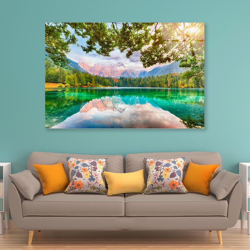 View of Sunset Over Fusine Lake with Mountains Acrylic Glass Print Tempered Glass Wall Art 100% Made in Australia Ready to Hang