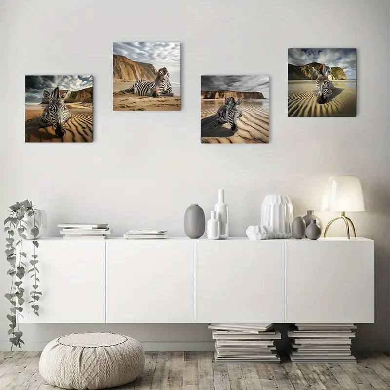 4pcs Decor Desert Zebra  Wall Art Canvas Framed