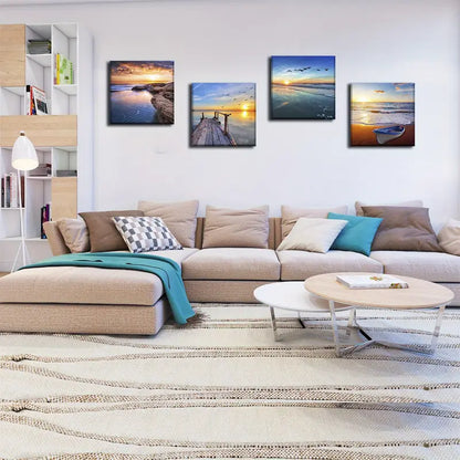 4pcs Sunset Seaside Landscape Painting Wall Art Canvas Framed