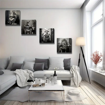 4pcs Funny Bathroom Animals Painting Wall Art Canvas Framed