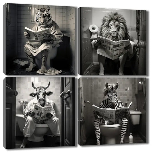 4pcs Funny Bathroom Animals Painting Wall Art Canvas Framed