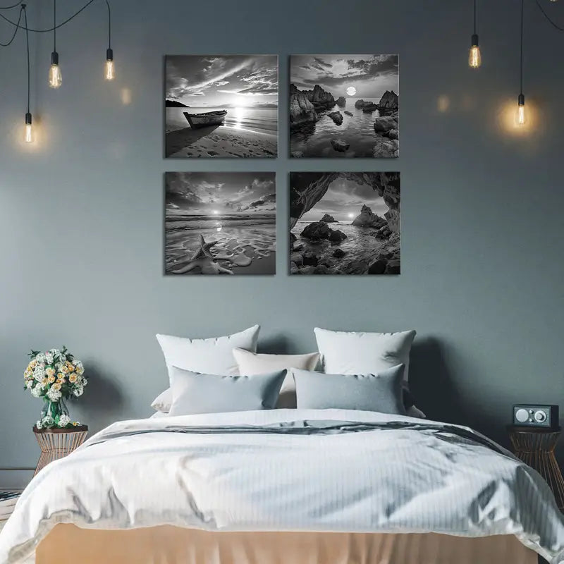 4pcs Seaside Starfish Landscape Wall Art Canvas Framed