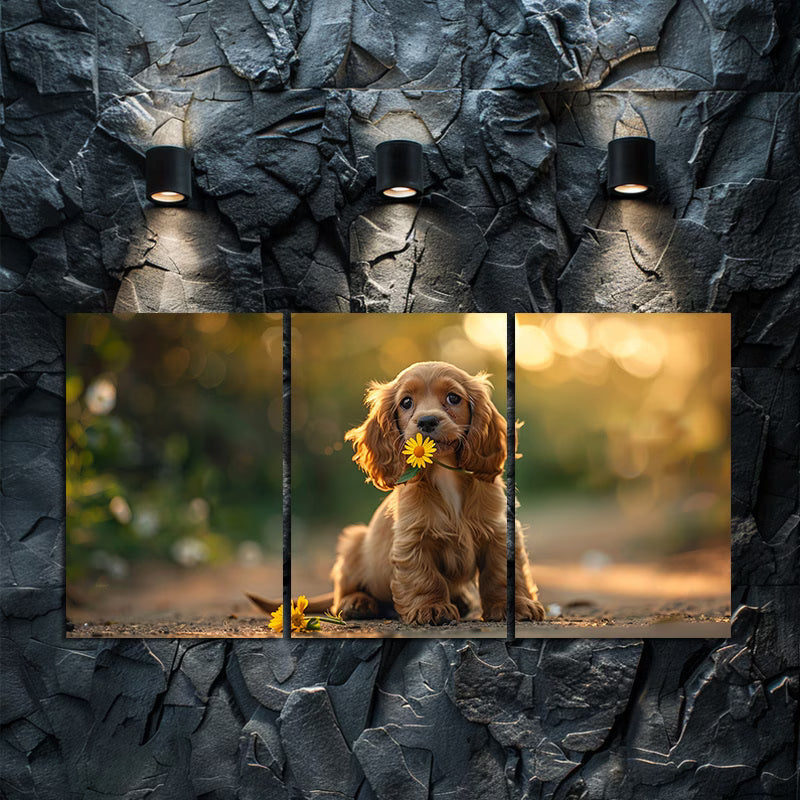 3pcs Adorable Cocker Spaniel Puppy with Flower Wall Art Set Canvas Framed 50x70cm - High Quality Print 100% Australian Made Wall Canvas Ready to Hang