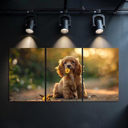 3pcs Adorable Cocker Spaniel Puppy with Flower Wall Art Set Canvas Framed 50x70cm - High Quality Print 100% Australian Made Wall Canvas Ready to Hang