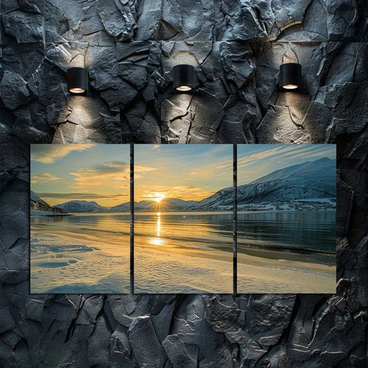 3pcs Sunset Over Snowy Fjords Norway Wall Art Set Canvas Framed 60x90cm - High Quality Print 100% Australian Made Wall Canvas Ready to Hang