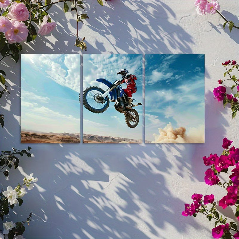 3pcs Dirt Bike with Black Wheels Wall Art Set Canvas Framed 60x90cm - High Quality Print 100% Australian Made Wall Canvas Ready to Hang