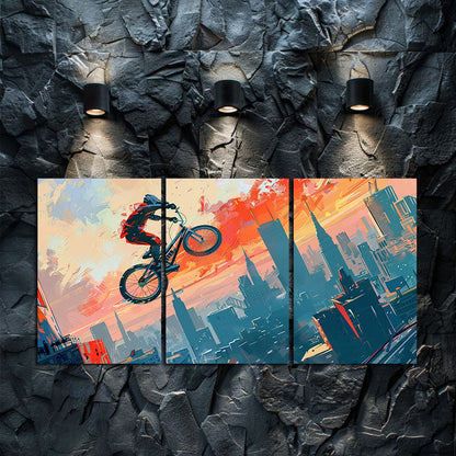 3pcs BMX Rider Cityscape Vibrant Cartoon-Style Wall Art Set Canvas Framed 40x60cm - High Quality Print 100% Australian Made Wall Canvas Ready to Hang