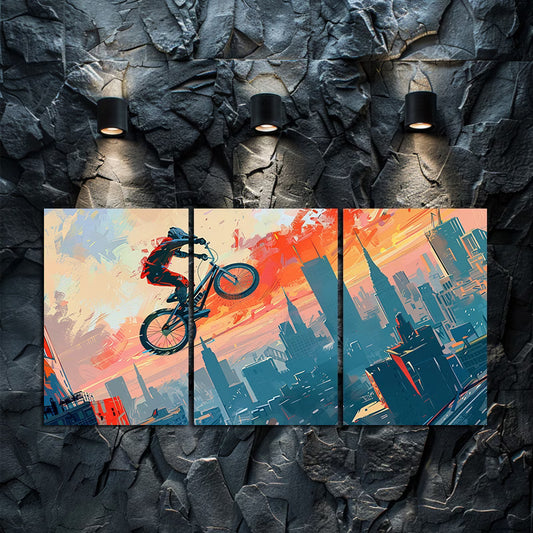 3pcs BMX Rider Cityscape Vibrant Cartoon-Style Wall Art Set Canvas Framed 60x90cm - High Quality Print 100% Australian Made Wall Canvas Ready to Hang