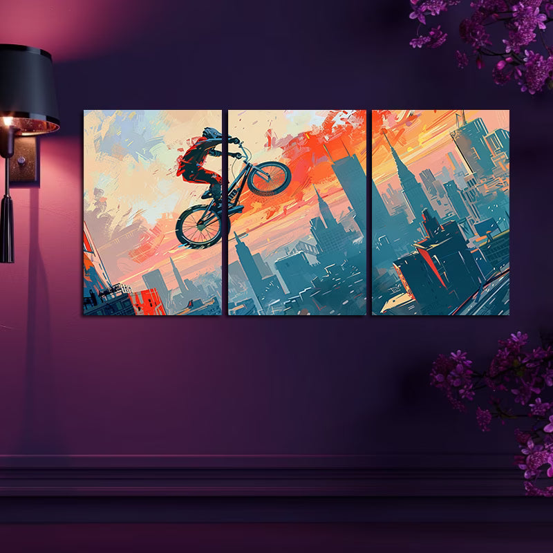 3pcs BMX Rider Cityscape Vibrant Cartoon-Style Wall Art Set Canvas Framed 40x60cm - High Quality Print 100% Australian Made Wall Canvas Ready to Hang