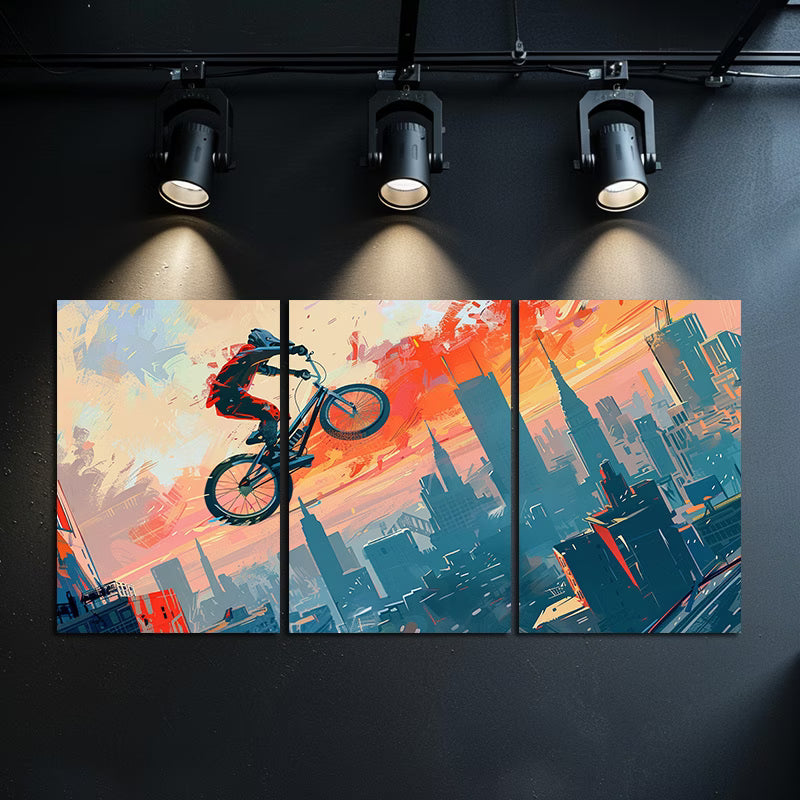 3pcs BMX Rider Cityscape Vibrant Cartoon-Style Wall Art Set Canvas Framed 40x60cm - High Quality Print 100% Australian Made Wall Canvas Ready to Hang