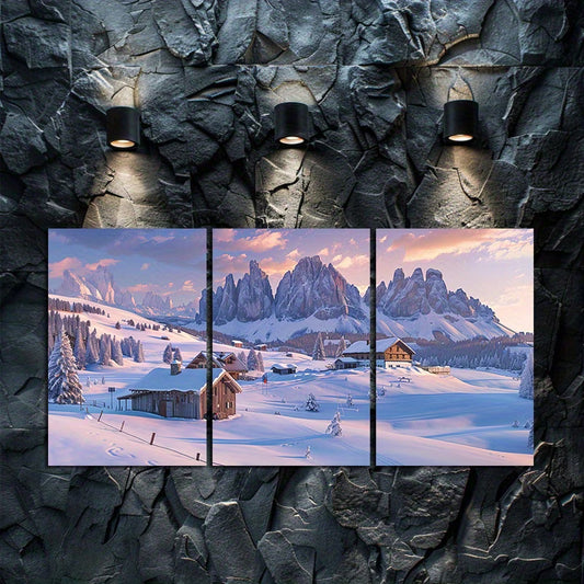 3pcs Breathtaking Winter Dolomite Mountains Wall Art Set Canvas Framed 50x70cm - High Quality Print 100% Australian Made Wall Canvas Ready to Hang