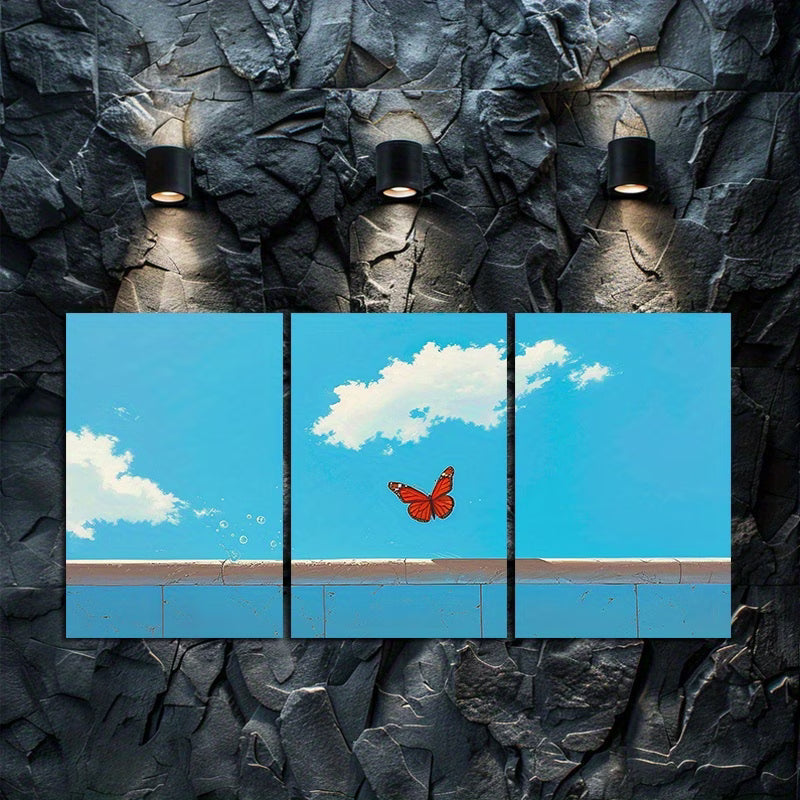 3pcs Butterfly Over Blue Sky and Clouds Wall Art Set Canvas Framed 40x60cm - High Quality Print 100% Australian Made Wall Canvas Ready to Hang
