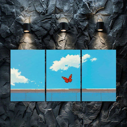 3pcs Butterfly Over Blue Sky and Clouds Wall Art Set Canvas Framed 60x90cm - High Quality Print 100% Australian Made Wall Canvas Ready to Hang
