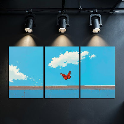 3pcs Butterfly Over Blue Sky and Clouds Wall Art Set Canvas Framed 50x70cm - High Quality Print 100% Australian Made Wall Canvas Ready to Hang