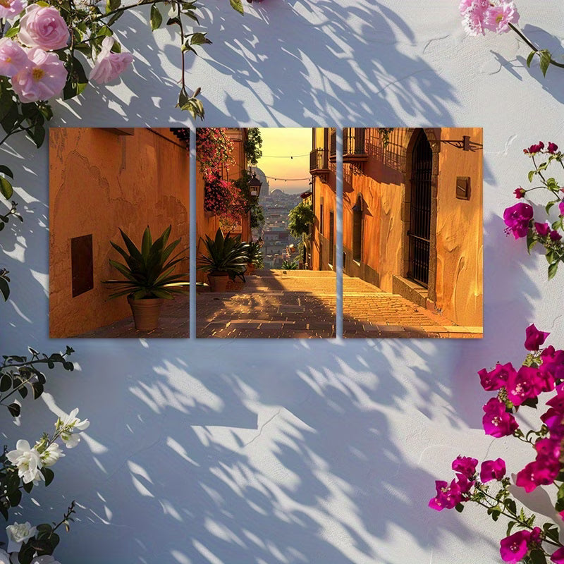 3pcs Sunrise Streets of Barcelona Theme Wall Art Set Canvas Framed 60x90cm - High Quality Print 100% Australian Made Wall Canvas Ready to Hang
