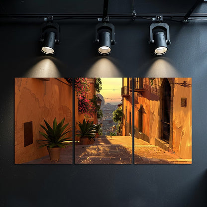3pcs Sunrise Streets of Barcelona Theme Wall Art Set Canvas Framed 60x90cm - High Quality Print 100% Australian Made Wall Canvas Ready to Hang